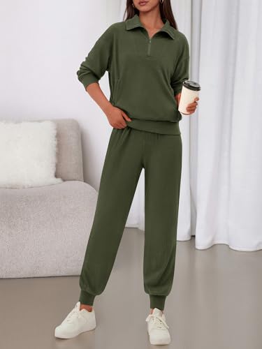 BTFBM Women's 2 Piece Tracksuit Spring Outfits 2026 Long Sleeve Half Zip Sweatshirt Sweatpants Lounge Set Sweatsuits(Solid Army Green,X-Large) — view 2