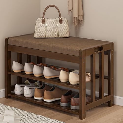 Acnivko玄関ベンチ シューズラック 3段 収納ベンチ シューズラック 木製 靴収納 玄関椅子 玄関ベンチ サポートチェア ベンチ下駄箱 スツール 玄関収納 靴棚 組み立て簡単 省スペース 小物収納付き 室内 収納 玄関腰掛け (クルミ色)