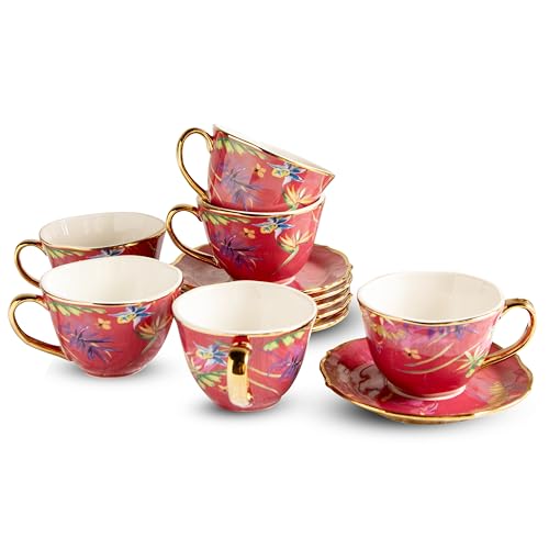 Image of Octavius Imperial Crimson Bloom Tea Set - 6 Porcelain Cups & Saucers, 200ML | Fine Floral Design with Gold Rims & Handles | Elegant Tea Set for Gifting, Home & Special Occasions