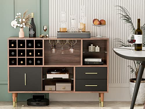 Ikifly Accent Kitchen Buffet Sideboard With Storage, Wood Cabinet Server Cupboard With 12 Wine Bottle Rack, Stemware Holder And Drawers, Console Table For Kitchen Living Room, 47 Inch - Walnut/Black #TOP7