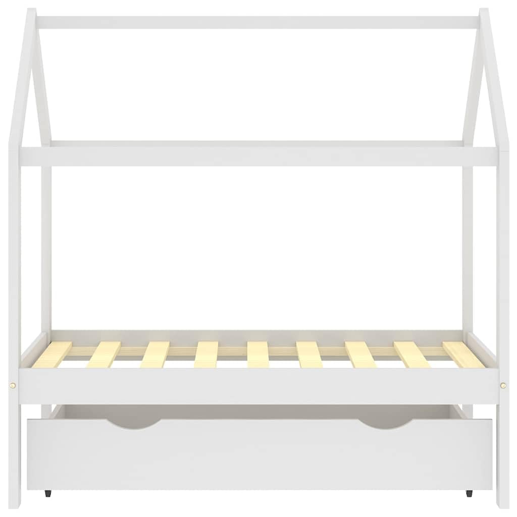 Kinderbett aus massivem Kiefernholz weiß mit Schublade, 70 x 140 cm Bettgestell mit Lattenrost und Stauraum für Kinderzimmer, Laufbett und Juniorbett