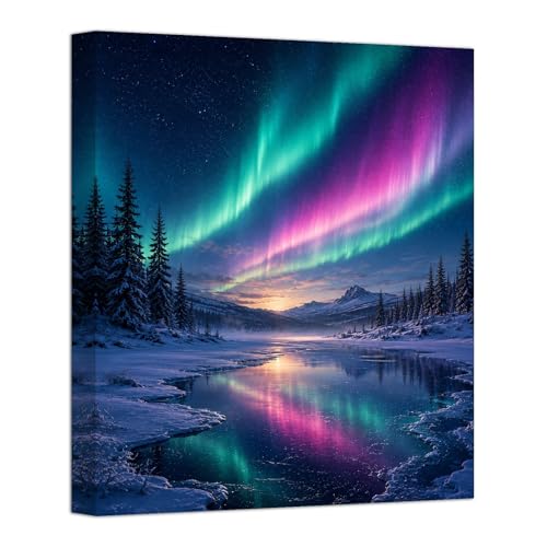 EVRISIGN Northern Lights Canvas Wall Art, Gallery Wrapped Stretched Canvas Print of Aurora Sky, Snowy Forest, Mountain Lake and Colorful Reflection, Winter Wall Decor 16x20 Inch