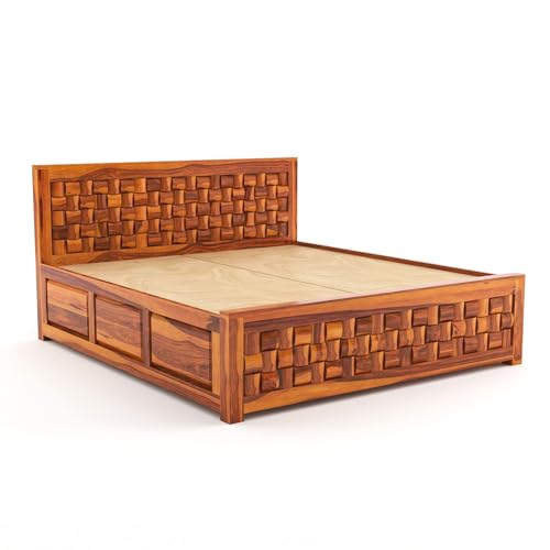 Image of Sheesham Wood King Size Bed with Storage Box | Wooden Box Bed King Size Double Cot Bed with Storage for Bedroom | Premium Niwar Design Headboard Bed for Hotel, Home | Honey Finish