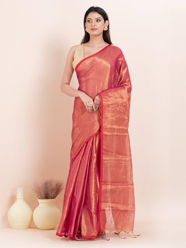 Image of Women's Tissue Cotton Saree | Plain Lightweight Tassel Pallu Saree with Blouse