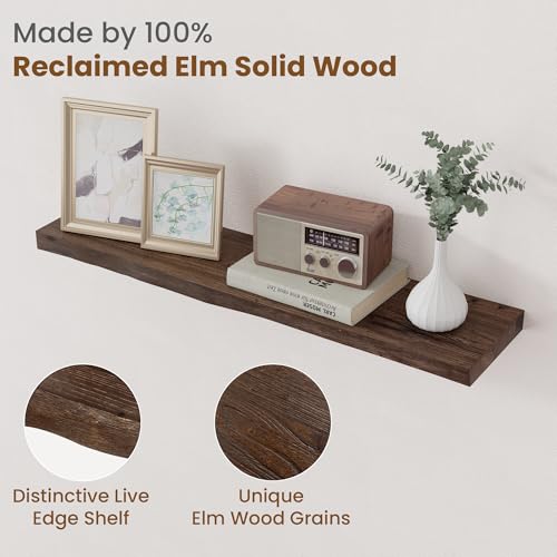 Image of Floating Shelves for Wall Decor, Rustic Solid Elm Wood Live Edge Floating Shelves Wall Mounted, Wall Shelves with Invisible Bracket for Living Room Bathroom Bedroom Kitchen, 32 Inch Set of 2, Walnut
