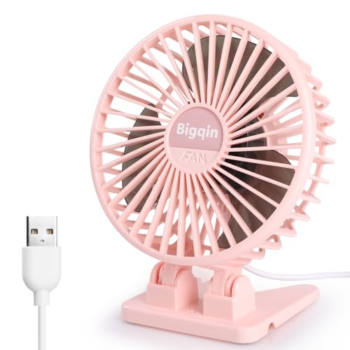 Bigqin Mini Ventilateur Portable USB Silencieux - 3 Vitesses en un Seul Bouton, Angle Réglable, Puissant pour Maison Bureau Table, Rose