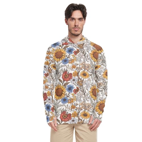 Retro Sunflower Zinnia Hyacinth White Mens Hoodies Shirts Long Sleeve Cooling Hoodies UPF 50 + Beach Shirt S