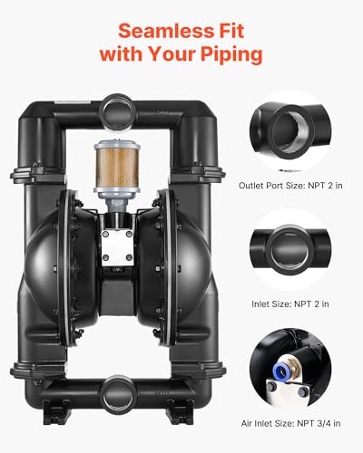 Image of VEVOR Air Operated Double Diaphragm Pump, 158 GPM, 2 inch Inlet & Outlet Pneumatic Waste Oil Transfer Pump, Max 114 PSI, Aluminum Alloy Body, Air-Operated for Diesel, Grease, Kerosene, Gasoline & Oil