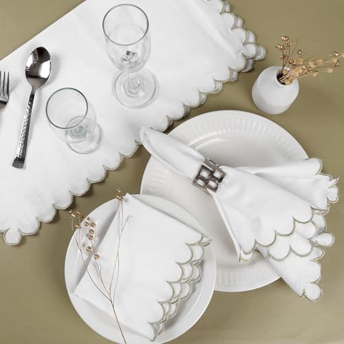 Image of FINGERCRAFT Scallop Edge Cloth Napkins | Set of 6 | 20x20 Inches | 100% Cotton | Table Napkins for Any Occasion | Washable, Perfect for Parties and Everyday Use (White Gold Slub, Set of 6)