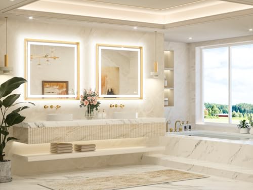 TETOTE Led Bathroom Mirror 36 x 36 with Brushed Gold Frame Anti-Fog Frontlit & Backlit Vanity Mirror Stepless Dimmable Lighted Mirrors for Bathroom Wall 3 Colors White/Warm/Natural Wall-Mounted by TETOTE - Used condition - Image 9