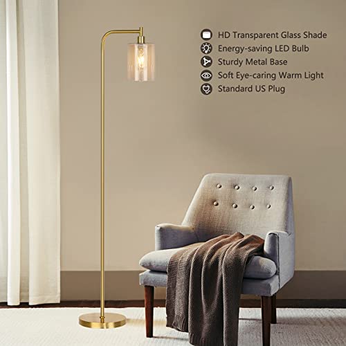 Qimh Industrial Floor Lamp For Living Room, Modern Standing Lamp With Hd Glass Lampshade And Pedal Switch, 67” Tall Pole Light For Bedroom Study Room, Brushed Gold (2700K Led Bulb Included) #TOP2