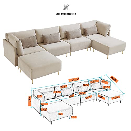 143'' Linen U-Shaped Sectional Sofa With 2 Removeable Ottoman And 4 Pillows #TOP1
