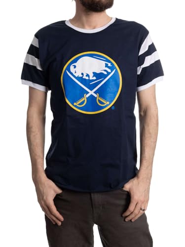 Calhoun NHL Surf & Skate Mens Shoulder Stripe Varsity Inset Sleeve Retro Style T-Shirt – The Coastal Collection (Buffalo Sabres, X-Large)