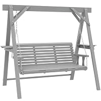 Outsunny 3 Seater Garden Swing Seat Wooden Bench with Side Tables Dark Grey