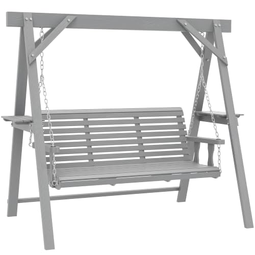Image of Outsunny 3 Seater Garden Swing Seat Wooden Bench with Side Tables Dark Grey