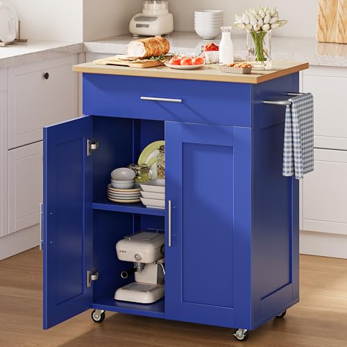 OtterOasis Kitchen Island Cart with Storage, Small Kitchen Island on Wheels with Large Drawer, Adjustable Shelf & Towel Rack, Rolling Island Table for Kitchen & Dining Room, Blue