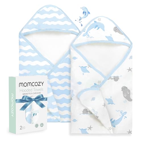 Image of Momcozy Baby Towel with Hooded-Original Design Baby Towel Set -Soft & Absorbent- Shower Gifts or Bath Essential for Infant, Newborn, Toddler, Marine Sea Whale Seal Waves Magic