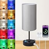 Unicozin Table Lamp for Bedroom, 3 Color Temperatures, 7 RGB Colors, Adjustable Brightness, Dual USB Charging Ports, Ambience Nightstand Light with Grey Shade, Desk Lamp for Kids Reading Home Office