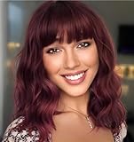 Short Wavy Red Wigs for Women, Curly Bangs, 14inch, Dark Red, Synthetic, Heat Resistant, Natural Looking, 2 Free Wig Caps
