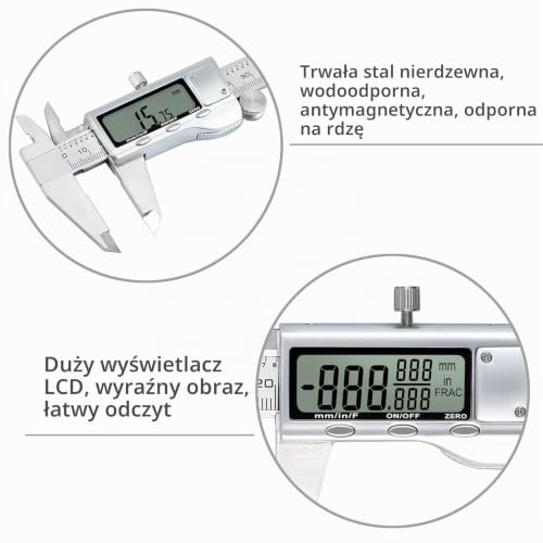 Proster Suwmiarka z noniuszem 6 cali/150 mm suwmiarka cyfrowa frakcje/cal/suwmiarka metryczna narzędzie pomiarowe korpus ze stali nierdzewnej/srebrny bardzo duży ekran LCD automatyczne wyłączanie