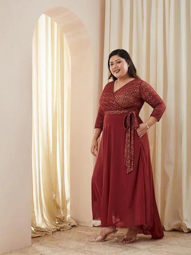 Image of Miss Chase A+ Women's Floral Printed Relaxed Fit V -Neck 3 /4Th Sleeve Georgette Maxi Dress