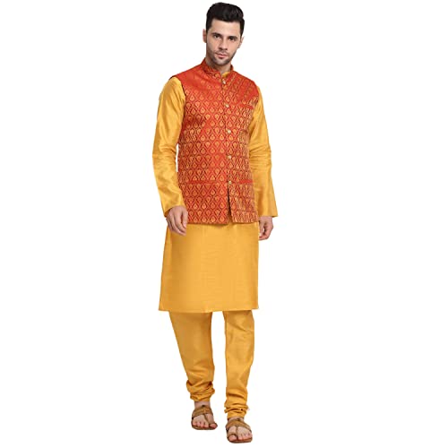Image of KRAFT INDIA Mens Gold Silk Blend Kurta and Churidar Set With Jacquard Paisley Nehru Jacket
