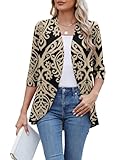 KUOTAI Womens Lightweight Open Front Cardigan 3/4 Sleeve Shawl Collar Draped Casual Layering Top Khaki flo, Large