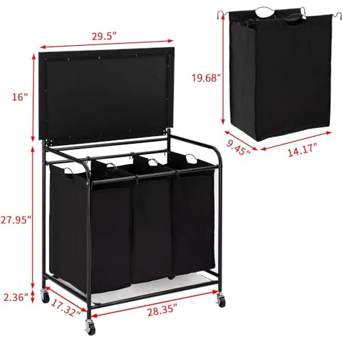 ZIGUIhsou-11 Laundry Hamper Rectangular Laundry Sorter with Folding Ironing Board, 3-Section Laundry Basket Sorter with Lockable Wheels for Laundr Laundry Basket - Image 2