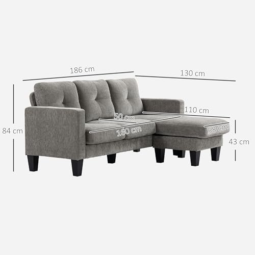HOMCOM Ecksofa, Eck-Couch mit umkehrbarer Chaiselongue, Sofa in L-Form, Gepolstert Eckcouch mit Federkern, Stahlrahmen Chenille-Optik, 186 x 130 x 84 cm, Braun – Bild 4