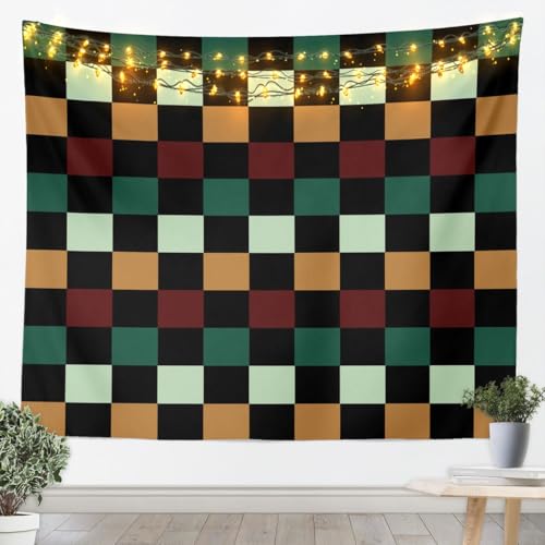 Loussiesd Tapiz retro a cuadros verde, rojo y amarillo, arte de pared, geométrico, vintage, manta para colgar en la pared para sala de estar, dormitorio, moderno, simple, estético, decoración del