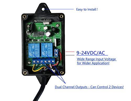 Supreform Universal Waterproof 2 Channel Relay 12V 24Vdc/Ac 2000Ft(600M) Long Range Remote Control Switch For Lights, Water Pump, Heater, Garage Door Gate Opener, Pre-Wired 3.3 Feet External Receiver #TOP4