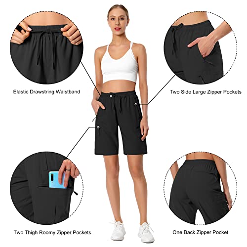 Women's Lightweight Hiking Cargo Shorts Quick Dry Athletic Shorts For Camping Travel Golf With Zipper Pockets Water Resistant Black #TOP4