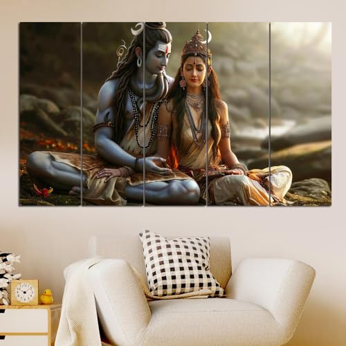 Image of Maxstone Adiyogi Shiva Maa Parvati Meditating Wall Painting for Living Room, Bedroom, Office, Hotels,Drawing Room Wooden Framed Digital Painting (30x60 inch) M1402