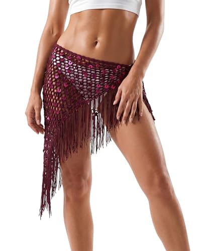 Image of Women Sequin Crochet Hip Scarf Asymmetrical Knit Cutout Fringe Wrap Sarong Sparkly Sequin Bikini Cover Up Skirt for Beach (Burgundy B, One Size)