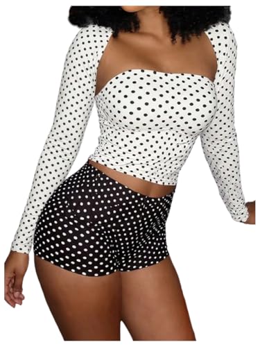 SOLY HUX Womens Y2k 3 Piece Outfits Polka Dots Crop Tube Top Long Sleeve Shirts and Shorts Party Rave Clothes Black and White Medium