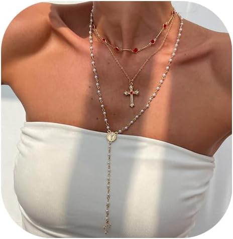 Rhinestone Cross Pendant Necklace,Summer Beach Crystal Bead Chest Body Chain Jewelry Festival Rave Pearl Long Tassel Clavicle Chain Necklace for Women