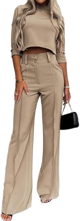 Ensemble Femme Chic Et Élégant 2 Pièces Été - Chemisier Manches Longues + Pantalon Large Costume Tailleur