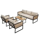4-delige tuinmeubelset met 3-zitsbank, 2 stoelen en salontafel, weerbestendige outdoor zitgroep set met kunststof houten tafelblad, verzinkt stalen frame, gevlochten touwarmleuningen