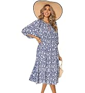 R.Vivimos Womens Summer Casual Midi Dress Lantern Sleeve Tie V Neck Boho Floral Print Loose Fit F...