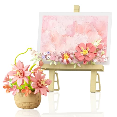 LEIMEND Rosa Mini Bloques de Construcción de Flores Artificiales 481 Piezas Mini Bloques de Construcción de Flores Artificiales Caballete con Cesta de Adorno Decorativo Regalo para Una Dama Niña