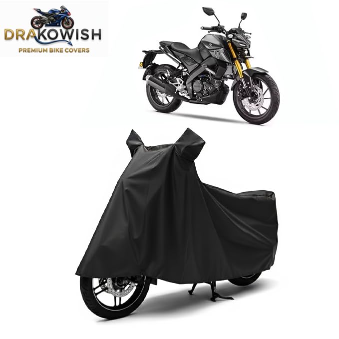 Image of DRAKOWISH Waterproof Bike Cover for Yamaha MT 15 All Weather Protection from Rain, Dust, Heat & Scratches with Mirror Pockets & Buckle Belt | MT 15 Bike Cover | Black