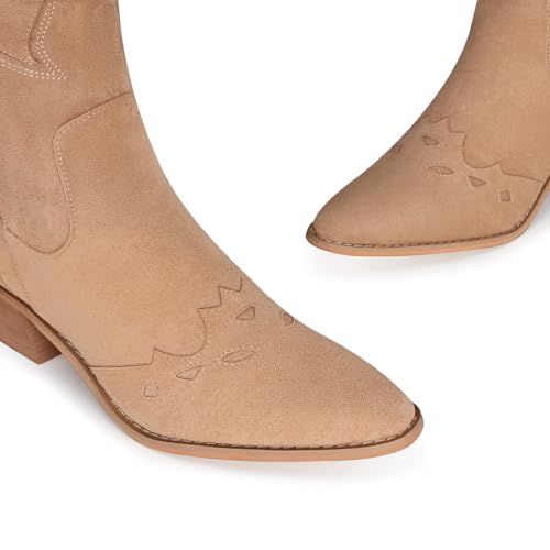 Image of SHIBEVER Suede Knee High Cowboy Boots for Women Comfortable Tall Cowgirl Boots Zipper Low Heel Fall Winter Western Booties