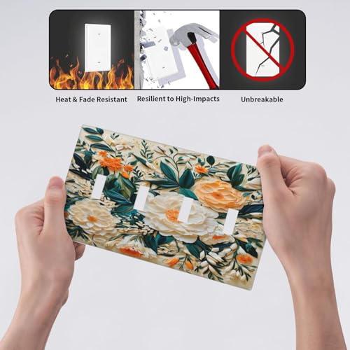 Decorative Switch Covers Plate Rustic Big Flowers Abstract Floral 4 Gang Wall Plate Oversized Quad Toggle Light Switch Plate Jumbo Faceplate for Country Bedroom Home Decor