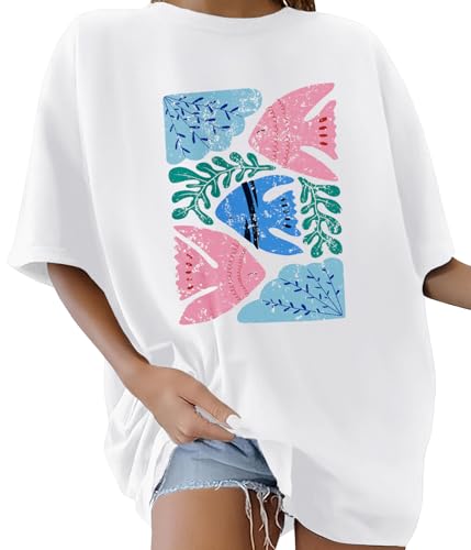 Lonya Women's T-Shirts Oversized Tops for Women Y2k Animals Graphic Tee Round Neck Cute Ladies Short Sleeve Retro Summer Casual Baggy Cotton Tee Tops, C-White, XXL