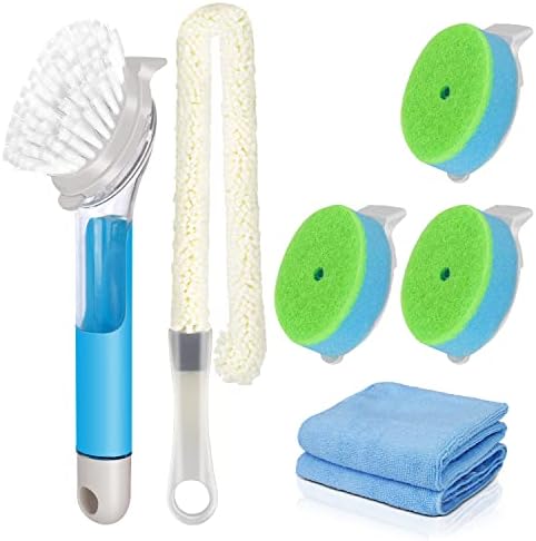 ZNM Dish Brush, Soap Dispensing Washing Up Brushes with 4 Replaceable Heads, Kitchen Cleaning Brush for Scrubbing Sink Pot Pan, Send Bottle Brush & 2 Cleaning Cloths