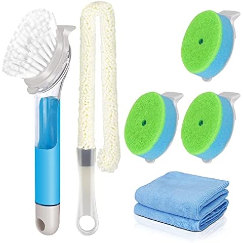 ZNM Dish Brush, Soap Dispensing Washing Up Brushes with 4 Replaceable Heads, Kitchen Cleaning Brush for Scrubbing Sink Pot Pan, Send Bottle Brush & 2 Cleaning Cloths Cover
