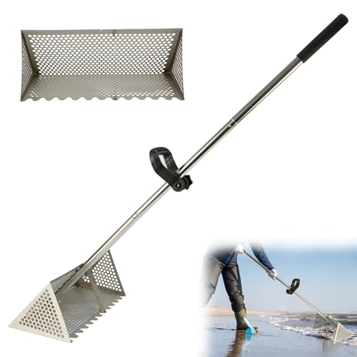 Râteau de plage, râteau à puces de sable, en acier inoxydable avec grand panier trapézoïdal, râteau de plage, râteau de sable amovible avec manche long,...