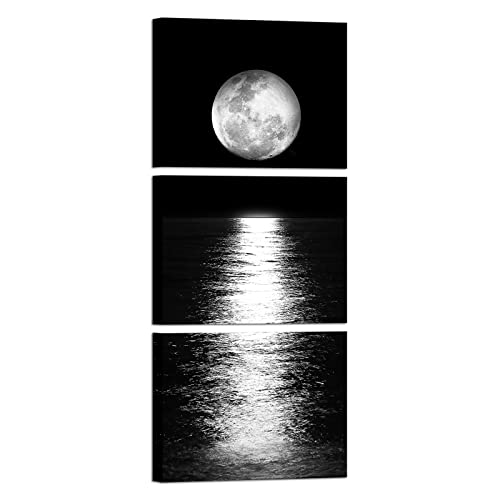 Artmyharbor Full Moon Phase Canvas Wall Art Vertical Black and White Picture Moon on Sea Print Modern Bedroom Decorations Cool Apartment Decor for Men
