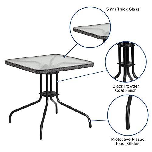 Flash Furniture Barker 28'' Square Tempered Glass Metal Table With Gray Rattan Edging #TOP4