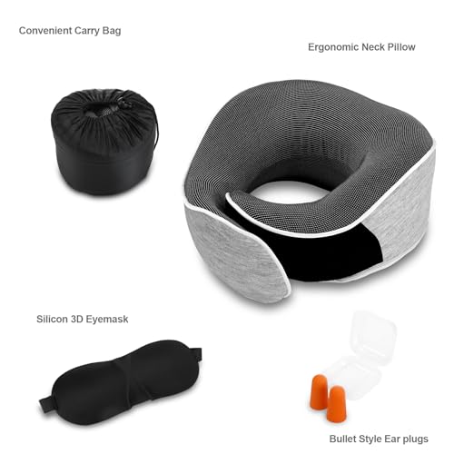 Collazoey Nackenkissen, Nackenhörnchen Memory Foam,Memory-Schaum-Nackenkissen-Set mit Augenmaske, Ohrstöpsel und Aufbewahrungstasche,Ergonomisch Gestaltetes Reisekissen (hellgrau)